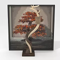 Bonsai Tree With Red Leaves Curved Trunk Deer Antler Ornament Black Frame And Wooden Base