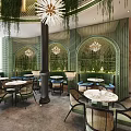 Modern Open Restaurant Interior With Green Sofas Long Table Pendant Lights Greenery And Marble Walls