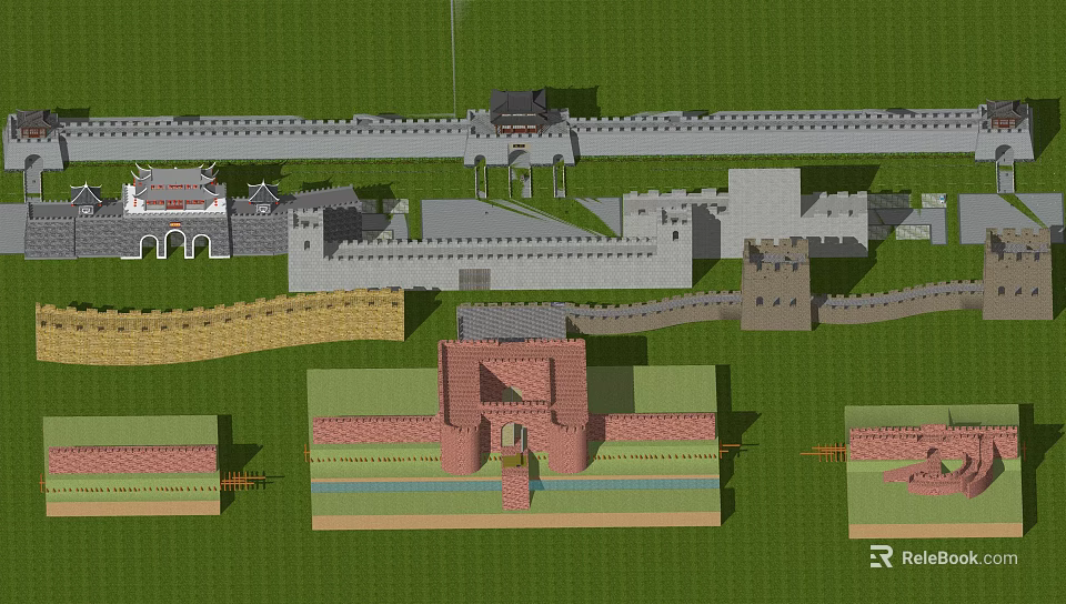 Ancient Great Wall Model With Watchtowers And Sectional Structure Displays 3d model