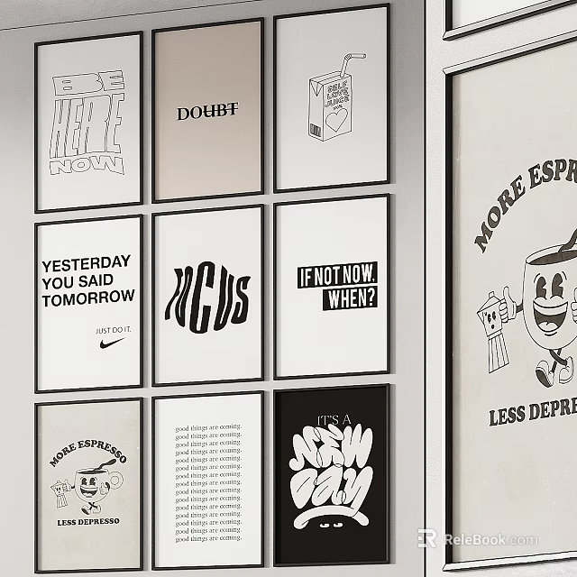 Black And White Abstract Painting Featuring Creative Typography Artistic Layout And Multiple Panels 3d model