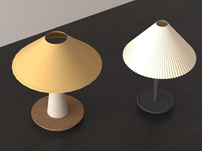 Yellow Shade And White Pleated Table Lamps With Wooden And Black Bases On Dark Tabletop 3d model
