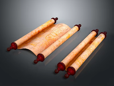 Traditional Sheepskin Scrolls With Red Wooden Rollers On Dark Background 3d model