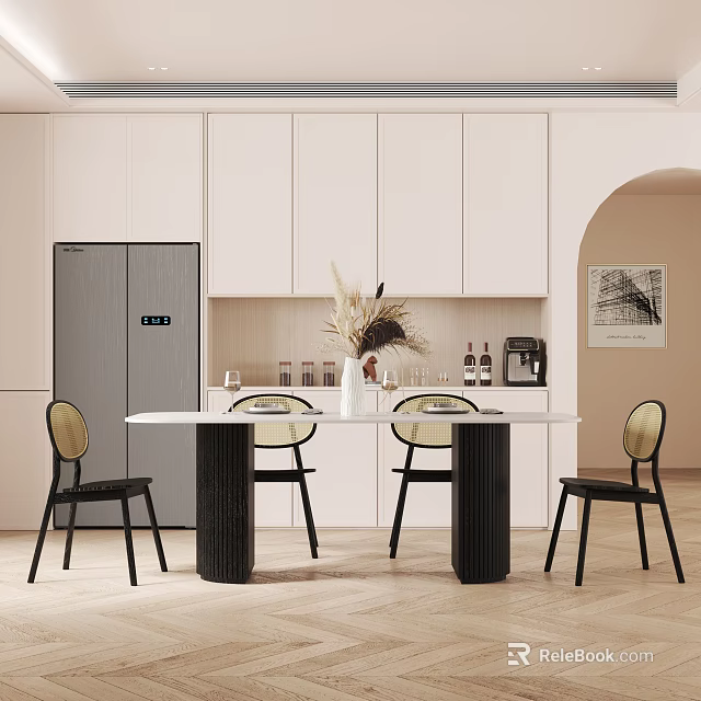 Modern Dining Table Set With White Countertop Black Chairs Gold Backrests White Cabinets Gray Refrigerator 3d model 