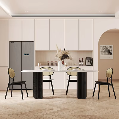 Modern Dining Table Set With White Countertop Black Chairs Gold Backrests White Cabinets Gray Refrigerator 3d model