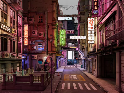 Lively Commercial Street With Bright Neon Lights Traditional Storefronts And Pedestrian Walkway 3d model