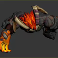 Horned Character Creature With Red Hair Flaming Hands And Mechanical Boots