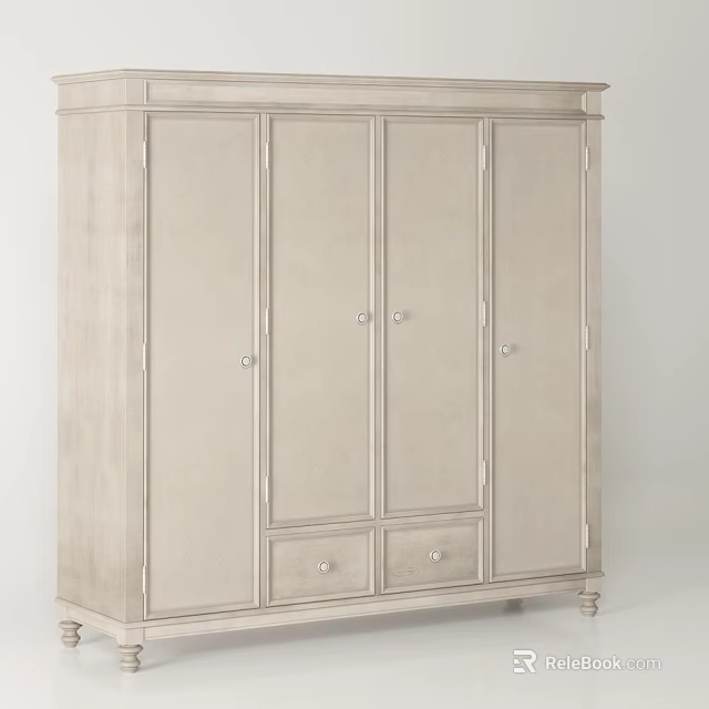 Light Beige Wooden Four Door Wardrobe With Bottom Drawers And Minimalist Design 3d model 