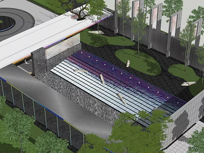Modern Building Facade With Glass Elements Lush Greenery And Water Feature Design 3d model