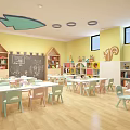 Kindergarten Classroom With White Tables Chairs Blackboard Drawings House Shaped Bookshelves Cloud Pendant Lights