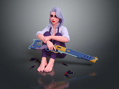 Purple Haired Female Character Sitting Barefoot Holding Large Gun With Scattered Bullets 3d model