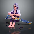 Purple Haired Female Character Sitting Barefoot Holding Large Gun With Scattered Bullets
