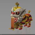 Traditional Chinese Lion Dance Figurine with White Head Red Gold Body and Decorative Scroll