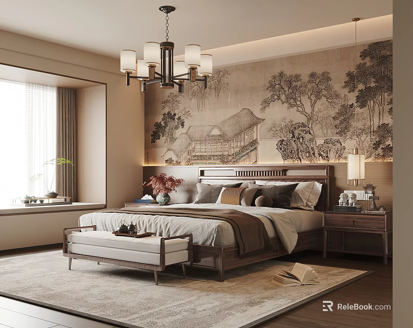 Traditional Chinese Bedroom Interior With Landscape Painting Wall Chandelier Wooden Bed Bench And Area Rug 3d model 