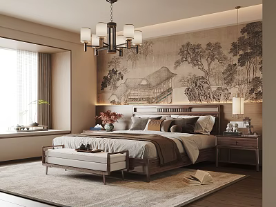Traditional Chinese Bedroom Interior With Landscape Painting Wall Chandelier Wooden Bed Bench And Area Rug 3d model
