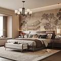 Traditional Chinese Bedroom Interior With Landscape Painting Wall Chandelier Wooden Bed Bench And Area Rug