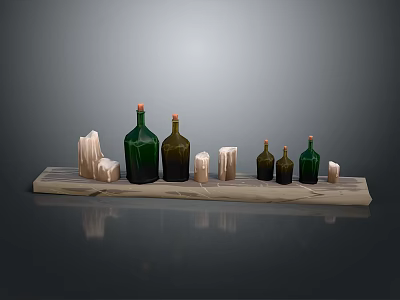 Various Sizes Green Glass Decorative Bottles With Wooden Blocks On Wooden Tray Home Decor 3d model