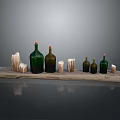Various Sizes Green Glass Decorative Bottles With Wooden Blocks On Wooden Tray Home Decor
