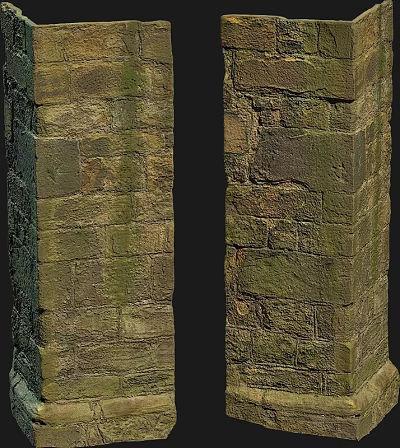 Architectural Exterior Wall With Weathered Brick Texture And Natural Moss Growth 3d model