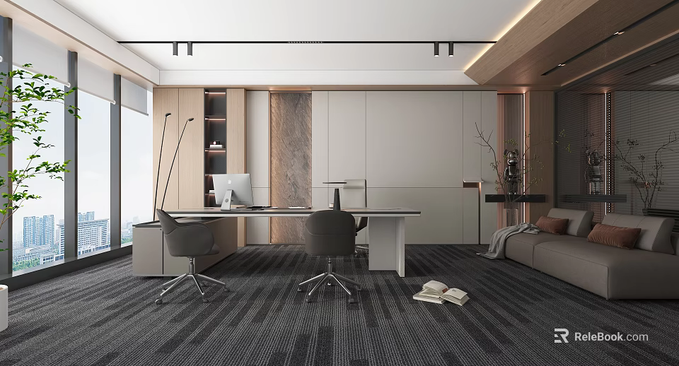 Sleek Modern Office Interior With Desk Chairs Sofa And Bookshelf Near Window View 3d model 