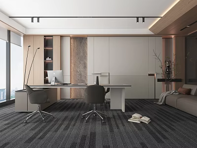 Sleek Modern Office Interior With Desk Chairs Sofa And Bookshelf Near Window View 3d model