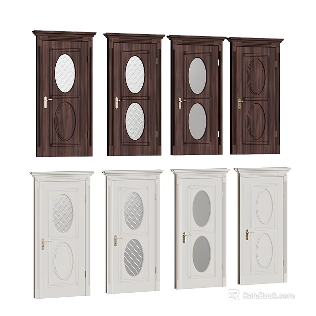 Dark Brown And White Wooden Hinged Doors With Circular Decorative Glass Panels 3d model 