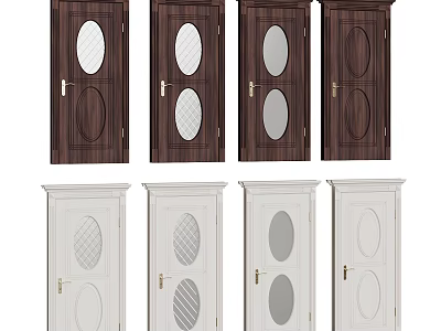 Dark Brown And White Wooden Hinged Doors With Circular Decorative Glass Panels 3d model