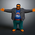 3D Character With Gray Jacket Blue Natural Gas Tee Green Pants Orange Gloves Outstretched Pose