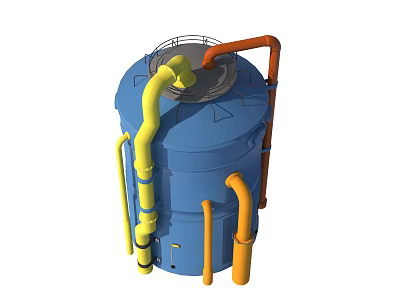 Industrial Storage Tank Equipment With Blue Exterior And Yellow Orange Pipes 3d model
