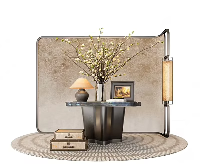 Traditional Console Table With Flower Branches Lamp Picture Frame And Small Chests On Circular Rug 3d model