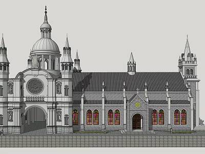 Historic Architectural Building With Dome Spires Arched Entrance And Stained Glass Windows 3d model