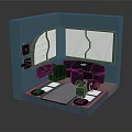 Futuristic Interior Design With Blue Walls Curved Windows Black Sofa And Colored Floor Mats