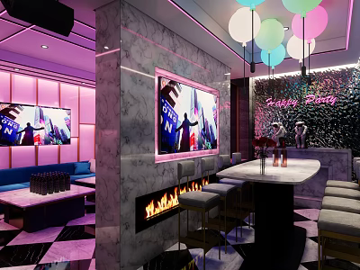 Stylish KTV Lounge Interior With Pink Lighting Marble Bar TV Screens And Decorative Lights 3d model