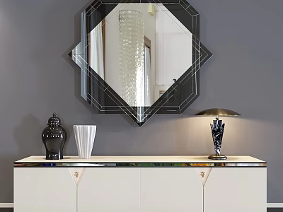Elegant White Dresser With Decorative Vase Lamp And Mirror Above Gray Wall 3d model