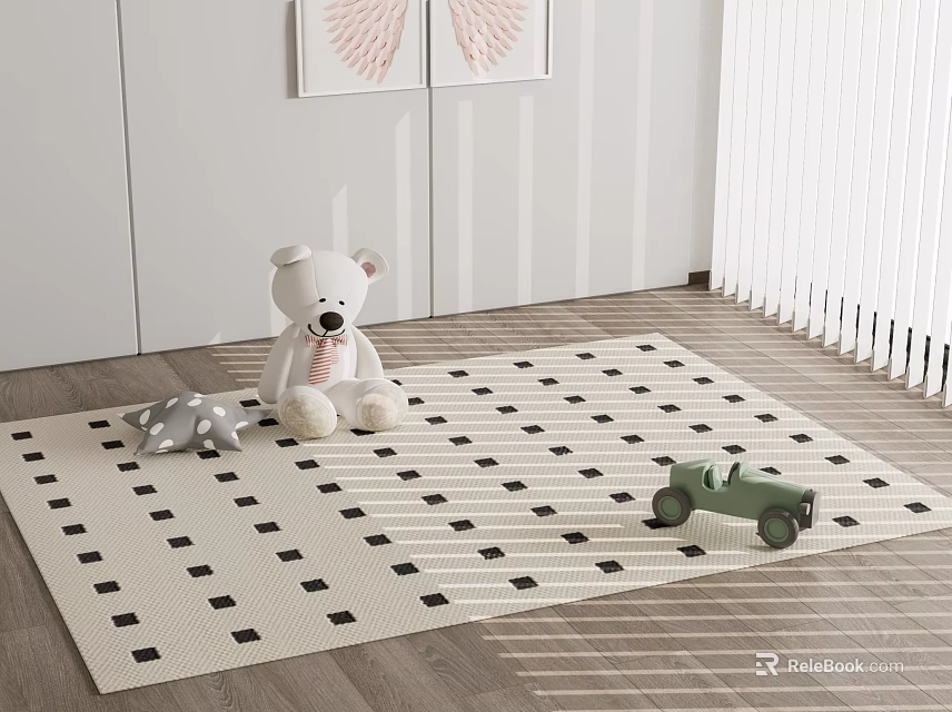 Square Area Rug with Black Squares in Kids Room Featuring Teddy Bear and Toy Car 3d model 
