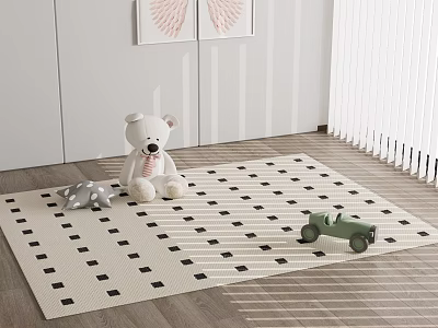 Square Area Rug with Black Squares in Kids Room Featuring Teddy Bear and Toy Car 3d model