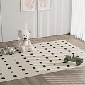 Square Area Rug with Black Squares in Kids Room Featuring Teddy Bear and Toy Car