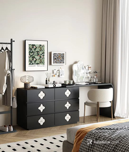 Stylish Black Dressing Table With White Decorative Drawers Mirror Makeup Beige Chair And Wall Art 3d model 