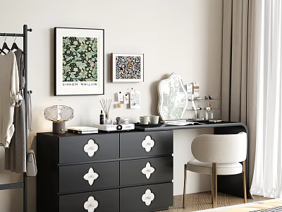 Stylish Black Dressing Table With White Decorative Drawers Mirror Makeup Beige Chair And Wall Art 3d model