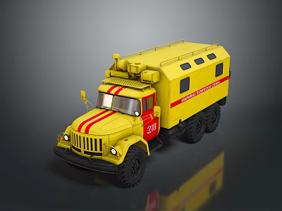 Yellow Rescue Functional Vehicle With Red Stripes Roof Equipment And Number 210 3d model