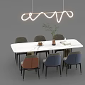 Modern Dining Table Set With Rectangular White Table Multicolor Chairs And Curved Neon Pendant Light 3d model
