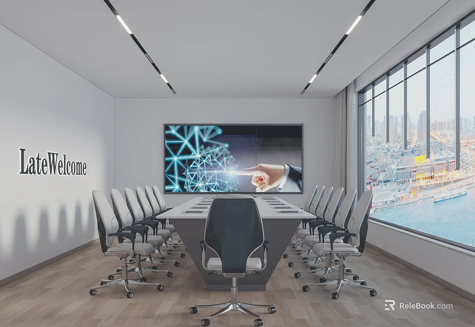 Modern Conference Room With Large Screen Welcome Display Office Chairs And City View Through Windows 3d model 