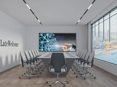Modern Conference Room With Large Screen Welcome Display Office Chairs And City View Through Windows 3d model