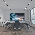 Modern Conference Room With Large Screen Welcome Display Office Chairs And City View Through Windows