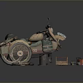 Vintage Distressed Tricycle Motorcycle With Tools Wooden Crate And Chainsaw