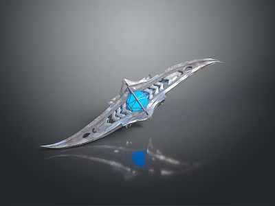Mythical Silver Blade Weapon with Blue Gem Center and Intricate Carved Patterns 3d model
