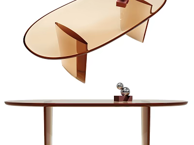 Modern Oval Glass Dining Table With Wooden Legs And Decorative Ornament 3d model