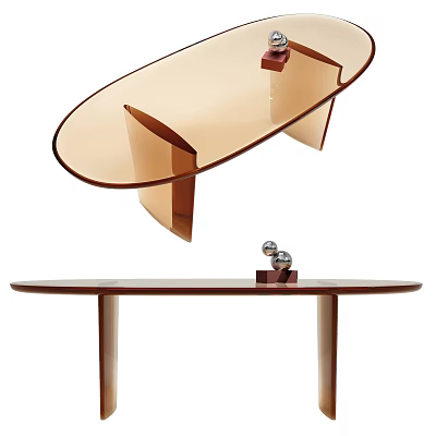 Modern Oval Glass Dining Table With Wooden Legs And Decorative Ornament 3d model