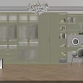 Modern Light Green Wardrobe with Glass Doors Bookshelves Dressing Table Herringbone Wooden Floor and Chandelier
