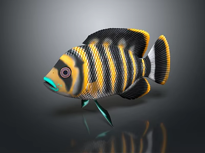 Colorful Striped Aquatic Fish with Black Yellow Stripes Red Eyes Blue Fins and Reflection 3d model