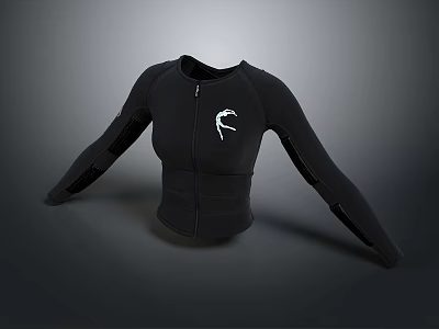 Black Long Sleeve Fitted Top With White Logo On Chest And Zipper Design 3d model